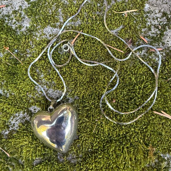 Vintage Silver Enormous Puffy Heart Pendant Chain Necklace 30" - Picture 1 of 5